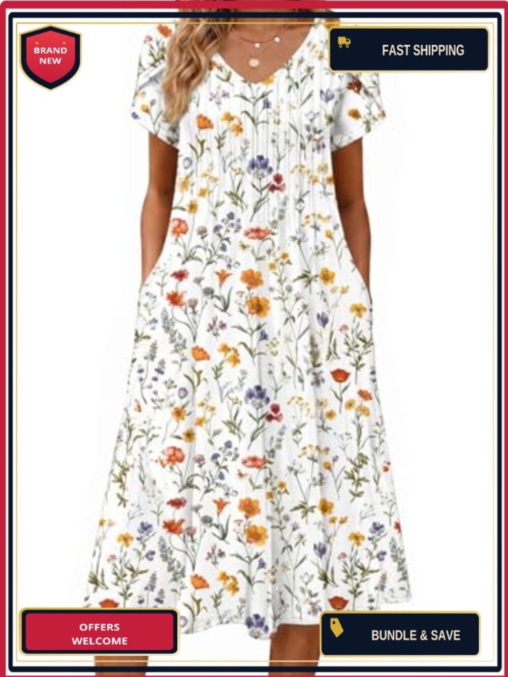 Women's Casual Summer Midi Dress Short Sleeve A-Line Flowy Pleats Boho Beach
